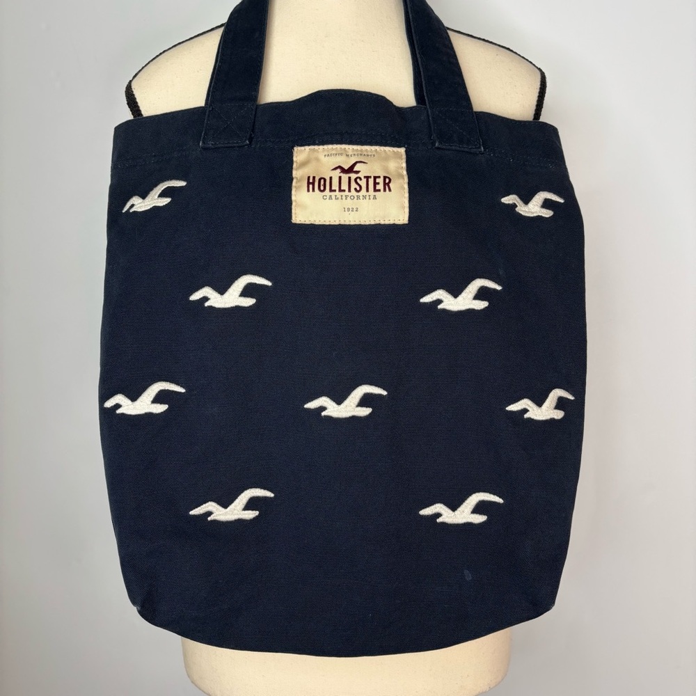 Hollister Y2K Navy Blue Large Embroidered White Bird Old Logo Cotton Canvas Tote